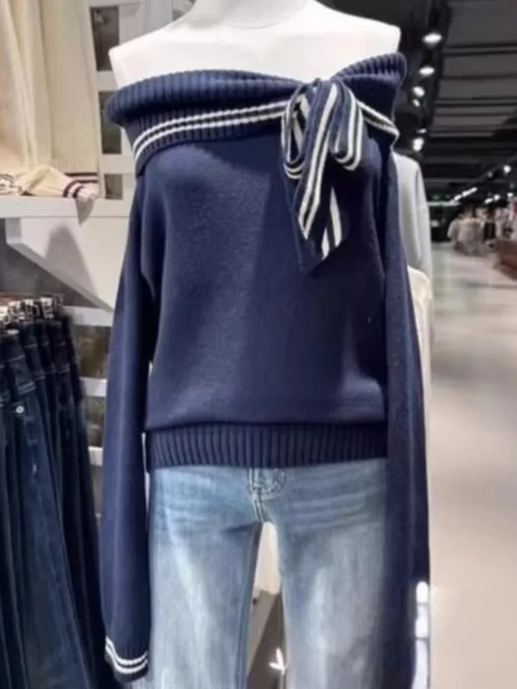 

Свитер с открытыми плечами и бантом для женщин, в стиле преппи, свободный, на завязках, вязаный топ, винтажный, в американском стиле, милый свитер