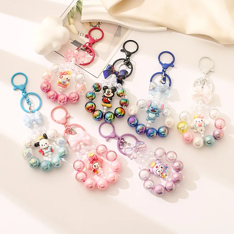 Disney Sanrio Hello Kitty Stitch mickey cartoon girl heart color fun cartoon hand-strung beads acrylic no paint loss keychain