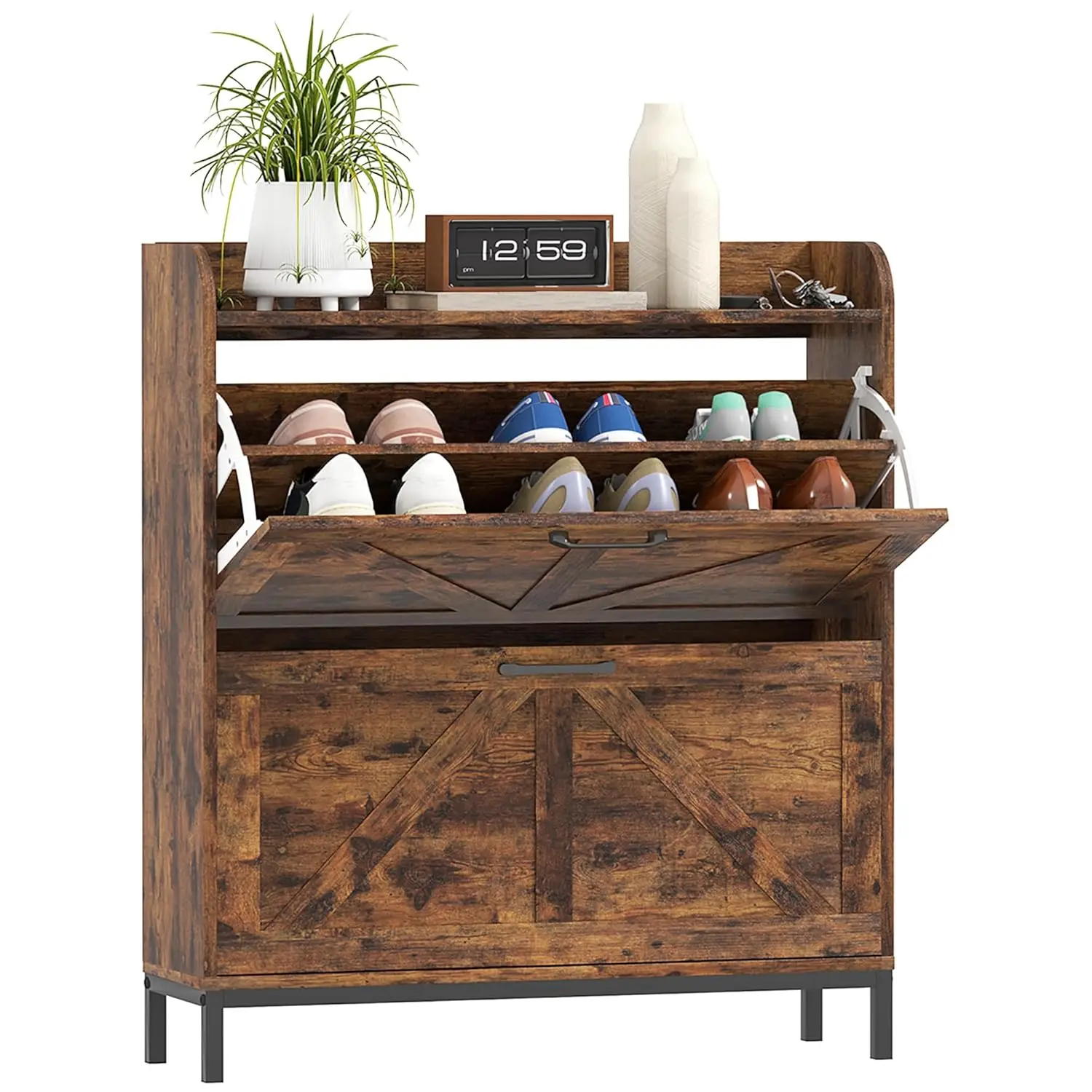 

2-Drawer Flip-Top Shoe Cabinet Slim Hidden Entryway Hallway Rustic Wood Grain, Customized