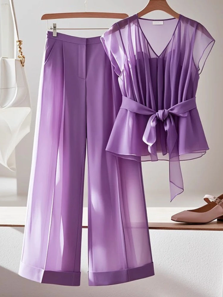 

Summer Fashion Purple Two Piece Sets Y2k V-neck Sleeveless Bow Lace Up Top for Women+ High Waist Loose Straight Wide Leg Pants