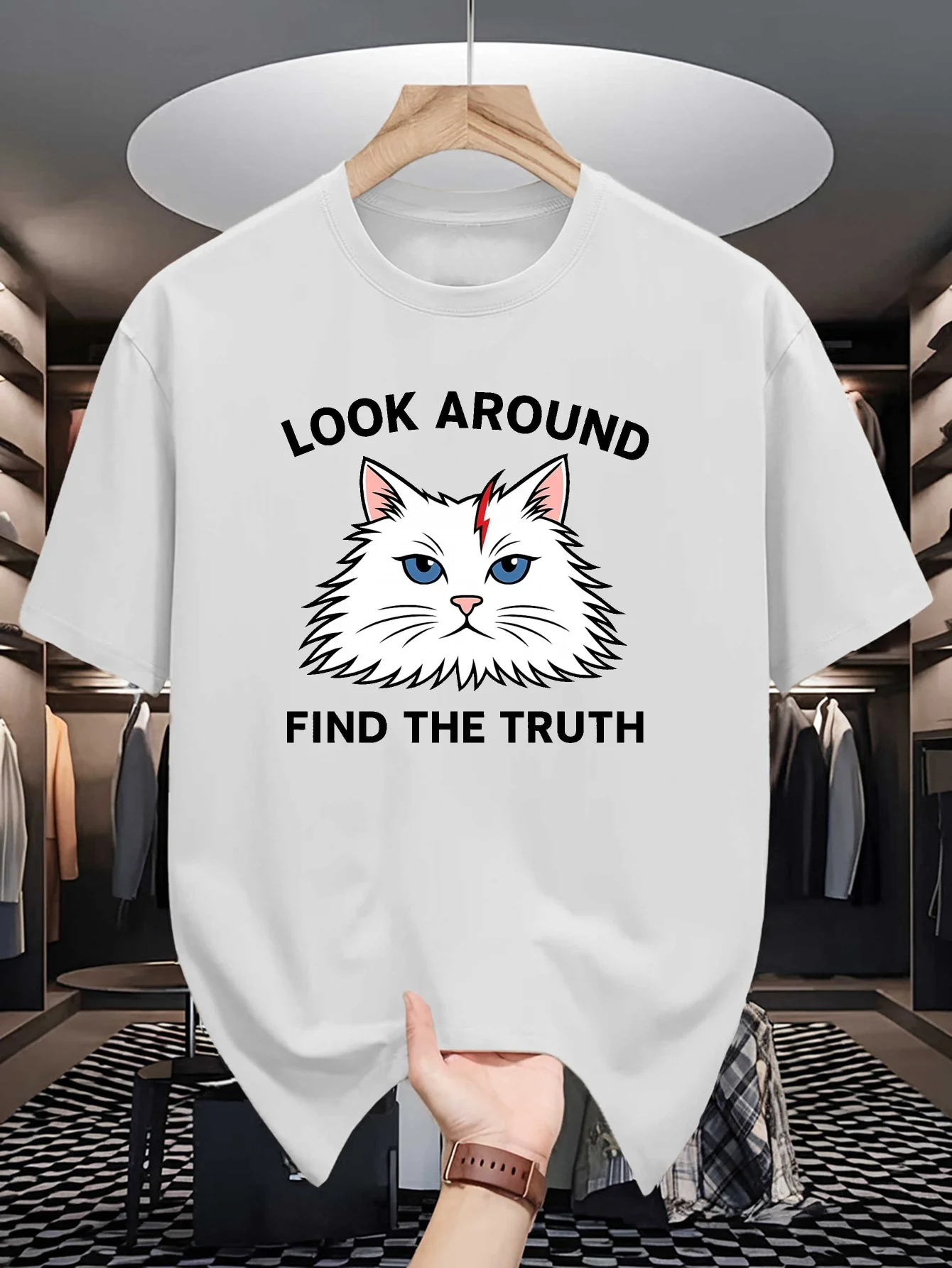 Mens Crew Neck T Shirt Look Around Find The Truth White Fluffy Cat Graphic Short Sleeve Casual Cotton Cat Lover Streetwear Tees