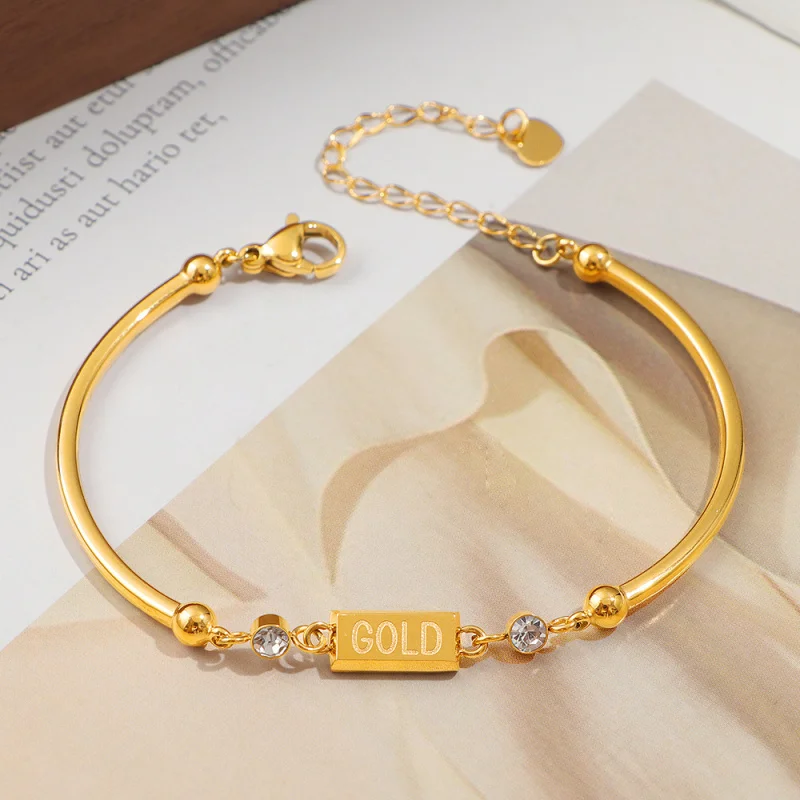 Light Luxury Small Gold Bar Bent Tube Titanium Steel Bracelet with Zircons Plating 18K Gold Waterproof Color Retention Jewelry
