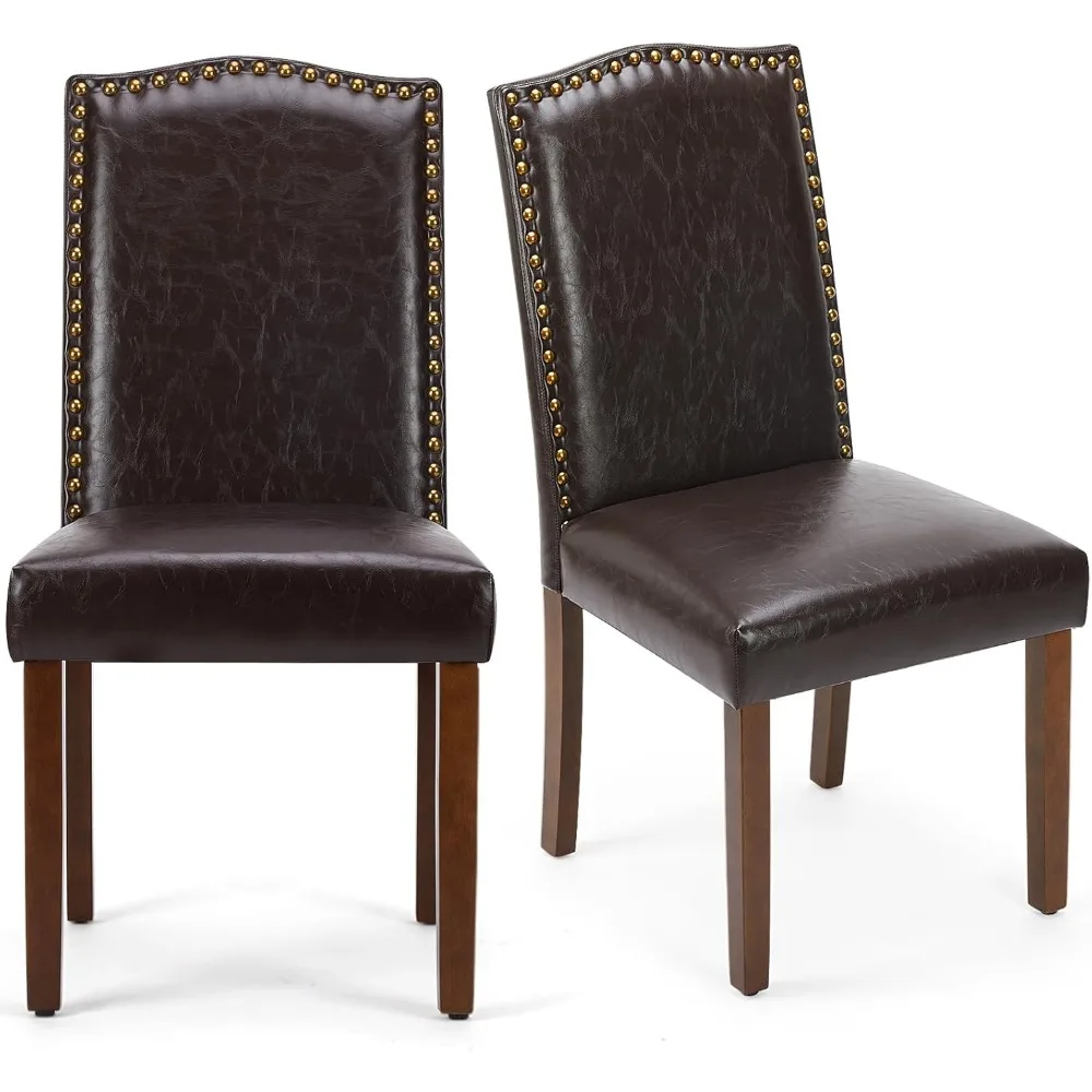 Upholstered Dining Chairs Set of 2, Modern Leather Dining Room Chair with Nailhead Trim and Wood Legs, Mid-Century Accent