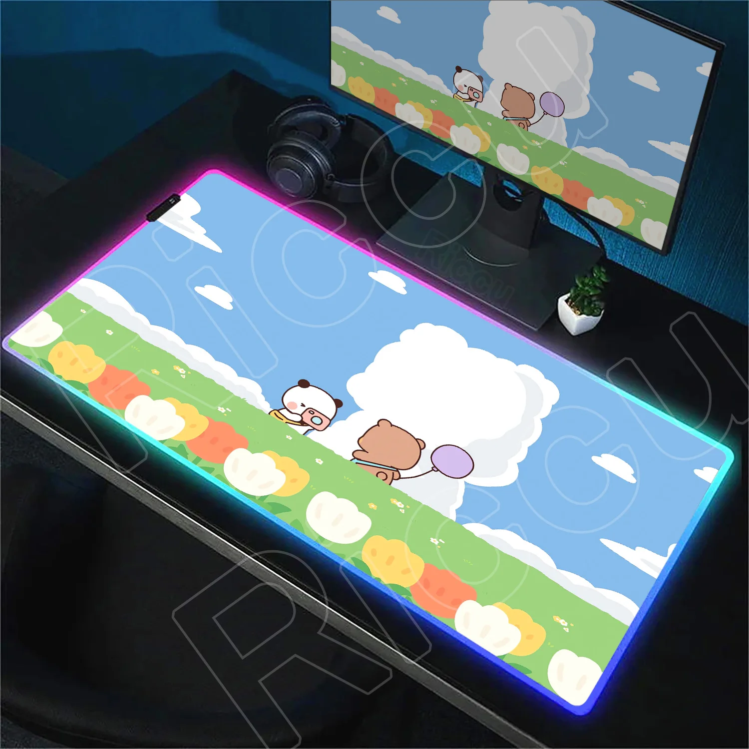 RGB Glowing Mouse Pad BuBu DuDu Cute Panda Desk Mats 400x800mm Natural Rubber Non-slip Carpet PC Gamer Office Backlight Keyboard