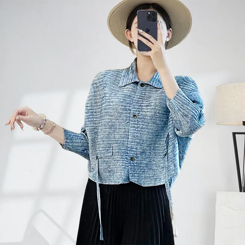 

Miyake осенний новый женский кардиган с длинными рукавами, блузка с лацканами, однобортный короткий кардиган, простая темпераментная пригородная одежда