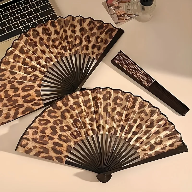 Leopard Print Folding Fan Stylish Handheld Fan Fashionable  Fabric Fan Daily Use Party Dance and Photo Shoot Prop Creative Gifts