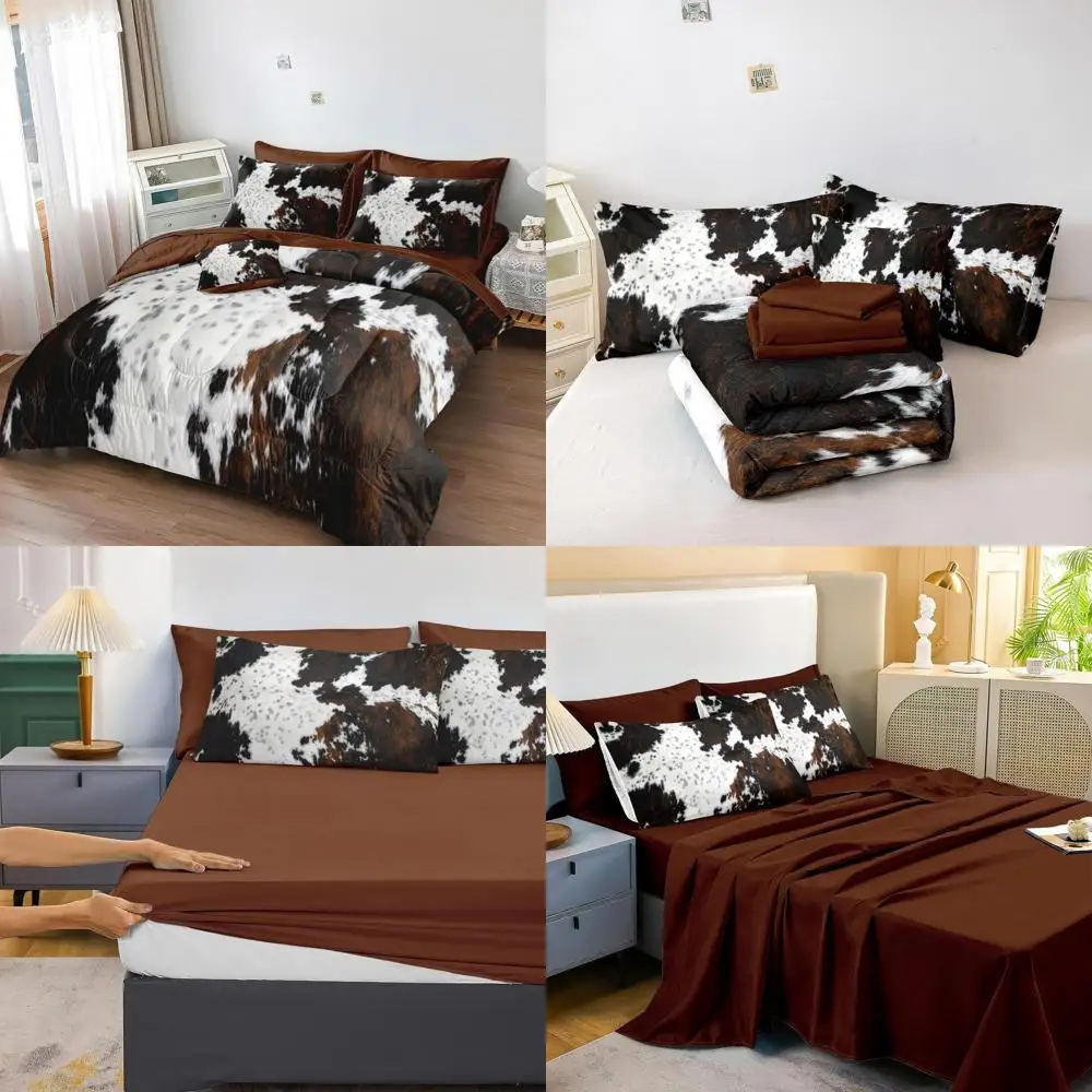 

Queen Size Cowhide Comforter Set, 8-Piece Bedding Ensemble in Black and White Cow Print, Western Farmhouse Style