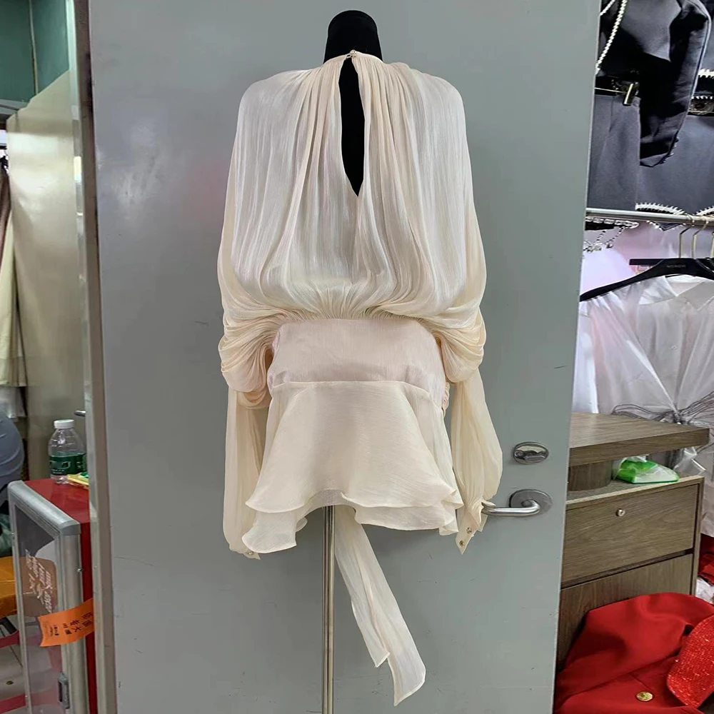 VGH Vestidos cortos holgados lisos minimalistas para mujeres cuello redondo manga larga cintura alta empalmado encaje hasta vestido elegante de moda