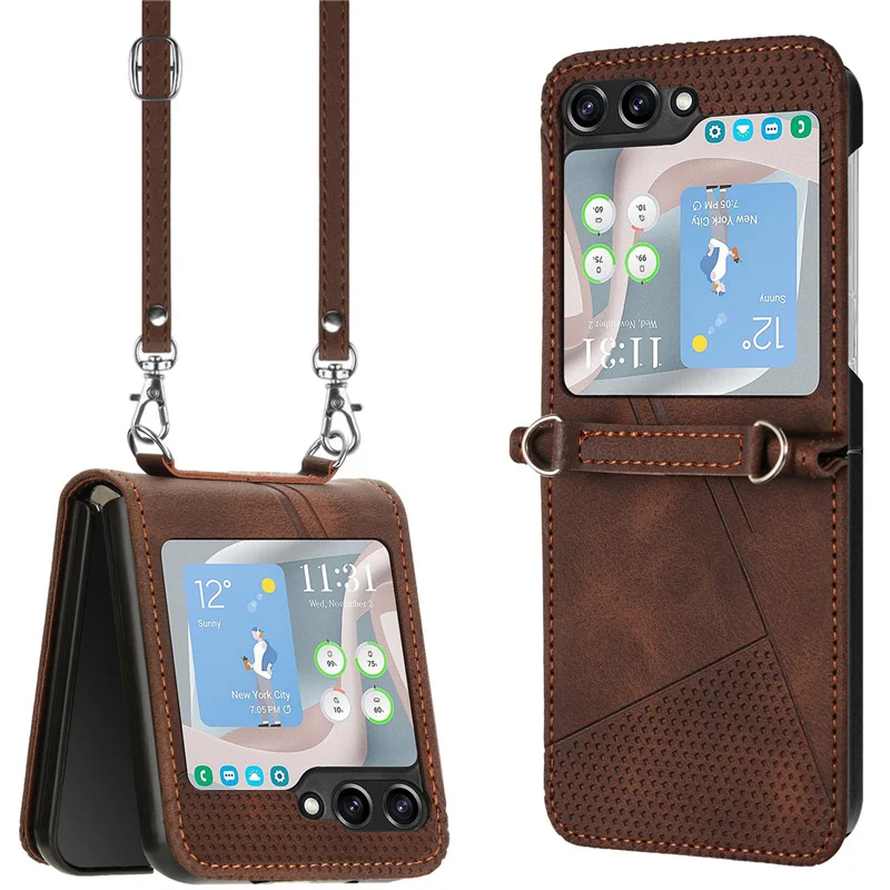 Lanyard Cards Solt Leather Wallet Case For Samsung Galaxy Z Flip 6 5 4 3 5G Flip5 Flip6 Purse Bag Crossbody Strap Pocket Cover