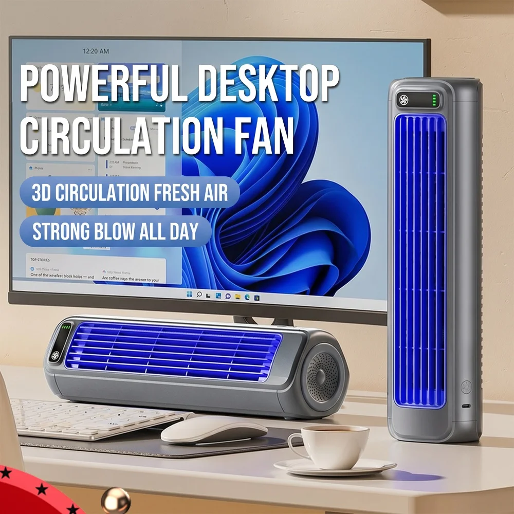 ポータブルエアコンファン-2000mah-静音デスクトップタワーファン-壁掛け式非穴あけ循環ファン-3段階速度調整可能冷却ファン