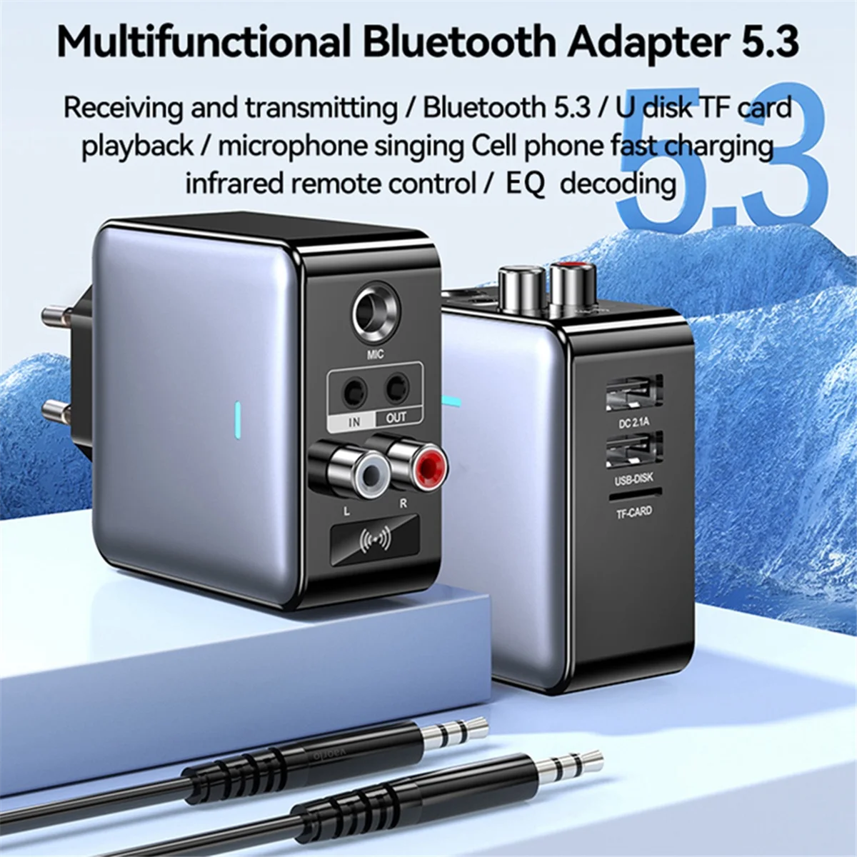 Receptor y transmisor de Audio con Bluetooth 5,3, adaptador inalámbrico de 3,5mm, AUX/RCA/TF/USB, estéreo HIFI para Karaoke, enchufe estadounidense