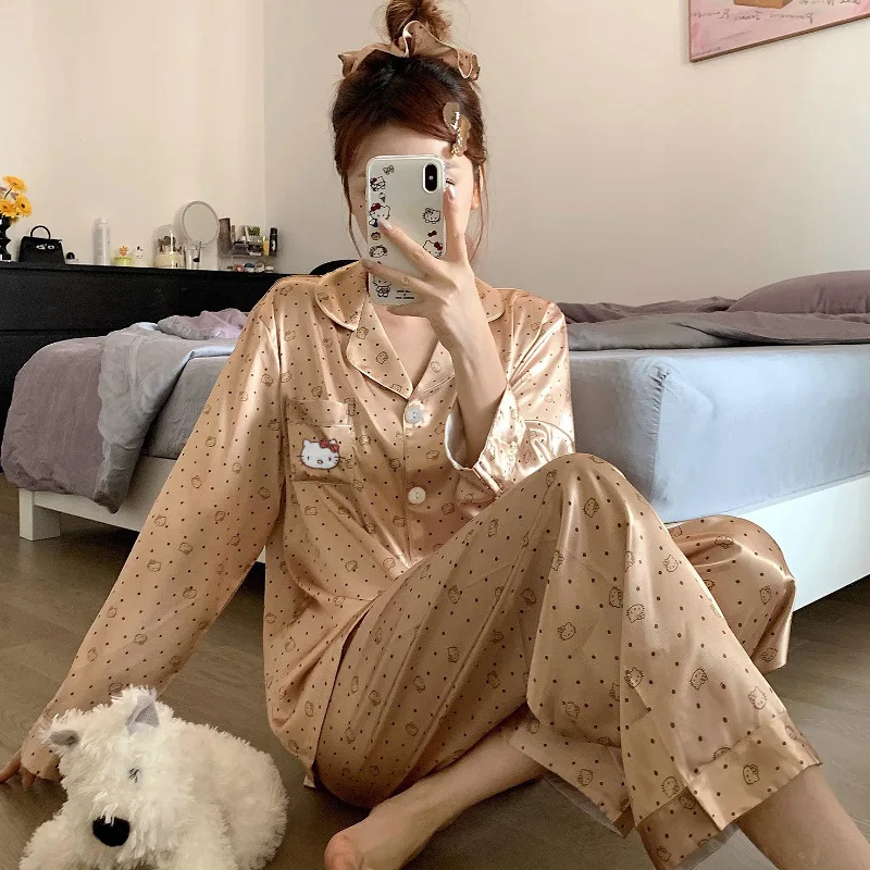 Kawaii Sanrios Hello Kitty Cute Silk Long-Sleeved Pajamas Girl Sweet Nightgown Loose Couple Casual Long-Sleeved Home Clothes Set