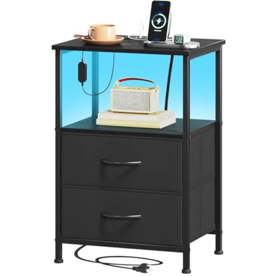 

Black Nightstand with Charging Station and LED Light for Bedroom 2 Drawers Dresser with Fabric Bins for Bedside Dorm Room Close