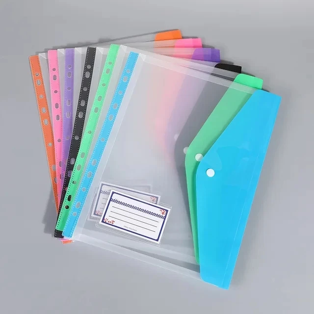 6pcs Transparent Plastic Envelopes Binder Pocket Expandable Binder Folders For 2/3/4 Ring Document Pouch With Snap Button Label