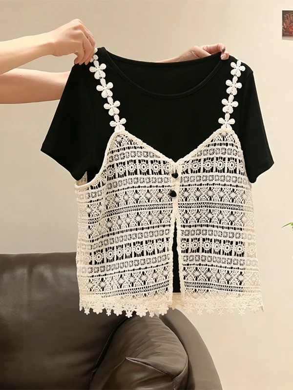 

plus Size round Neck Lace T-Shirt Short Style Shoulder Splicing Black Color Block Spring Summer Fashion Women's Top