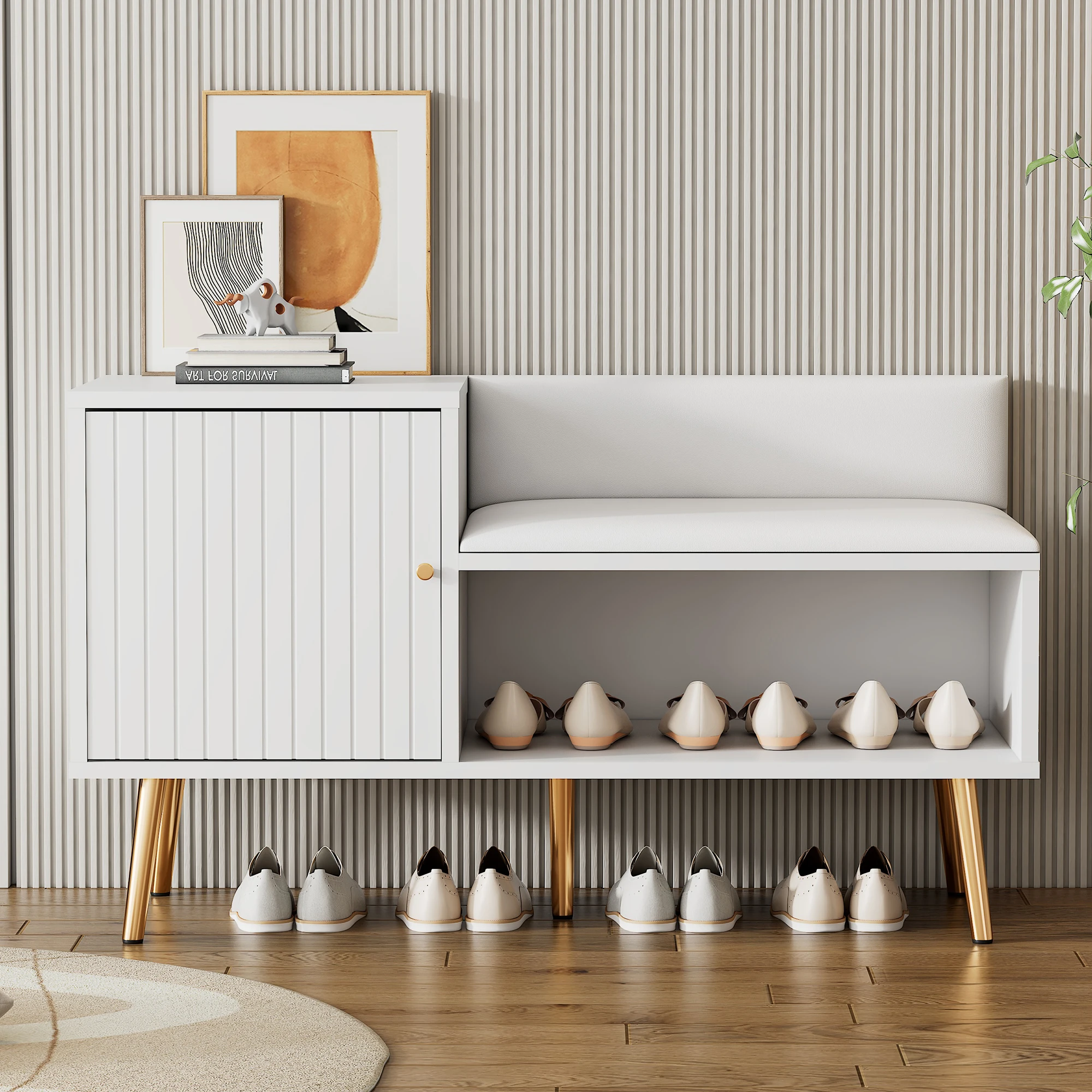 VSOGA Modern shoe chest in white, storage space, upholstered bench and backrest, metal handles and legs, dimensions: B100/T40/H58 cm