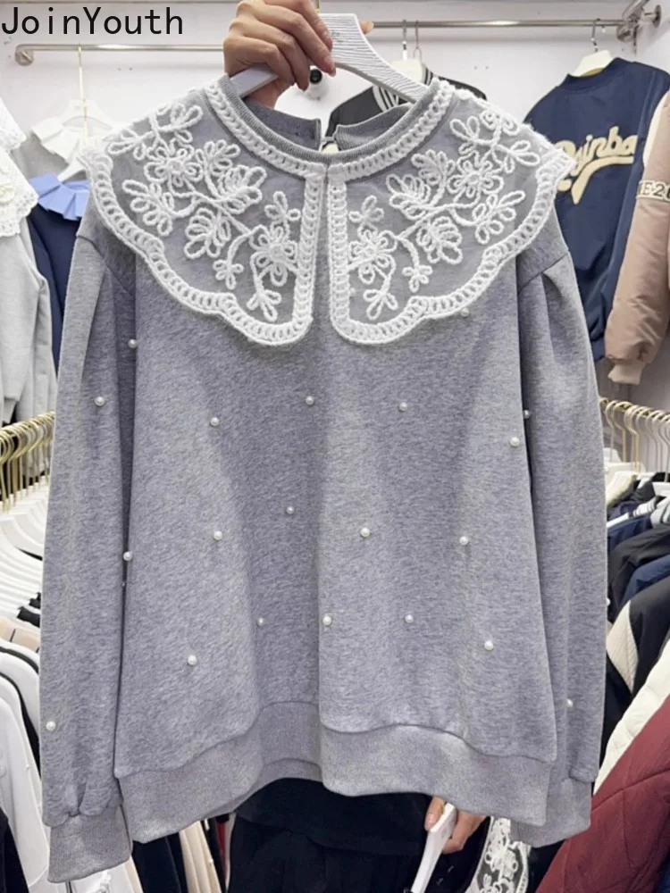 2024 Women Clothing Patchwork Lace Peter Pan Collar Sweatshirts Ropa Mujer Beading Fashion Sweet Hoodies Loose Y2k Tops 63a854