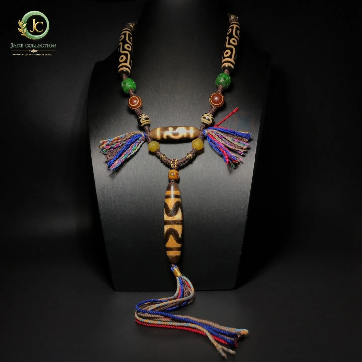 Unique Tibetan Old Agate Dzi Tiger Teeth 9 Eyes Beads Necklace J0424