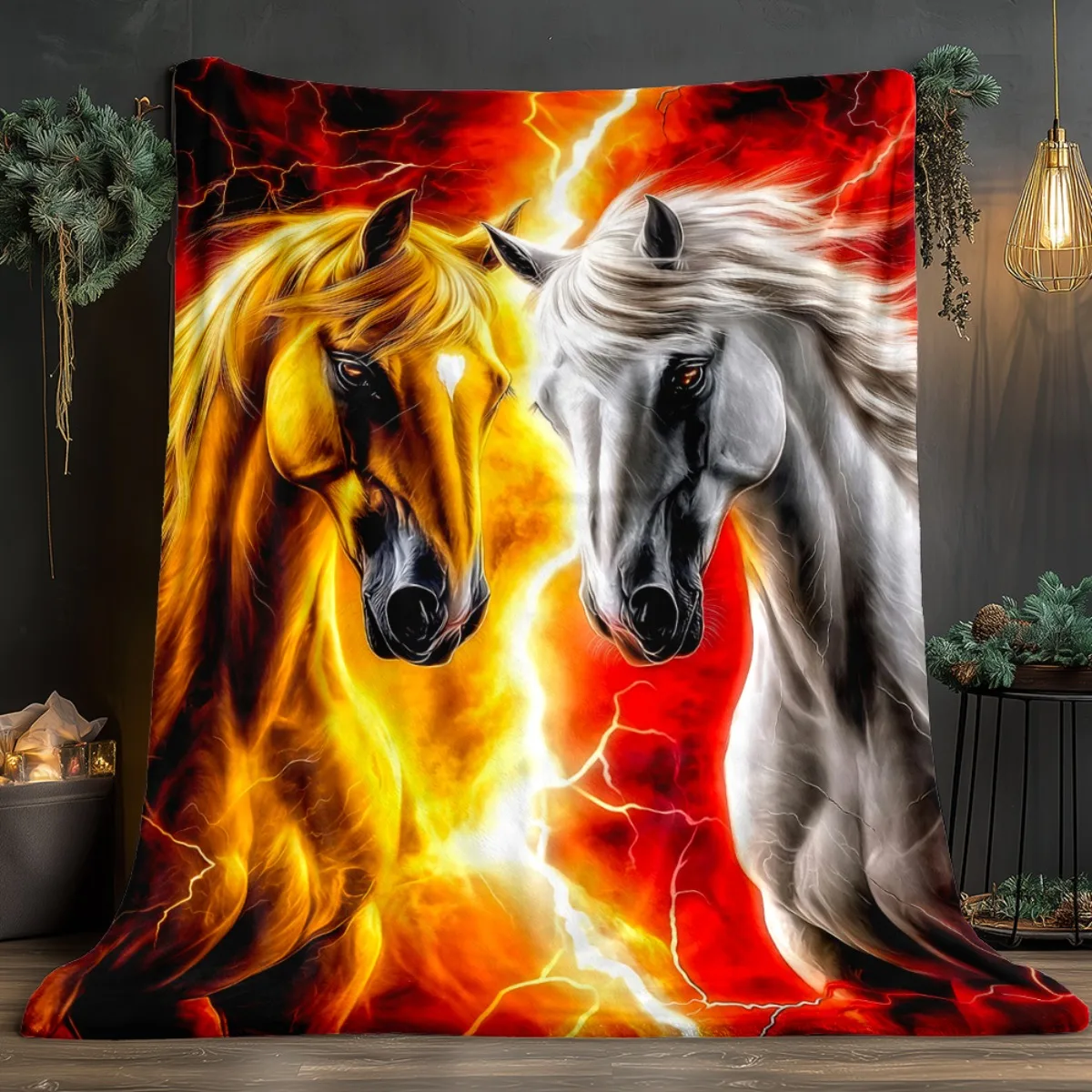 Fire and ice horses horse art blanket dramatic design flannel  equestrian gift horse