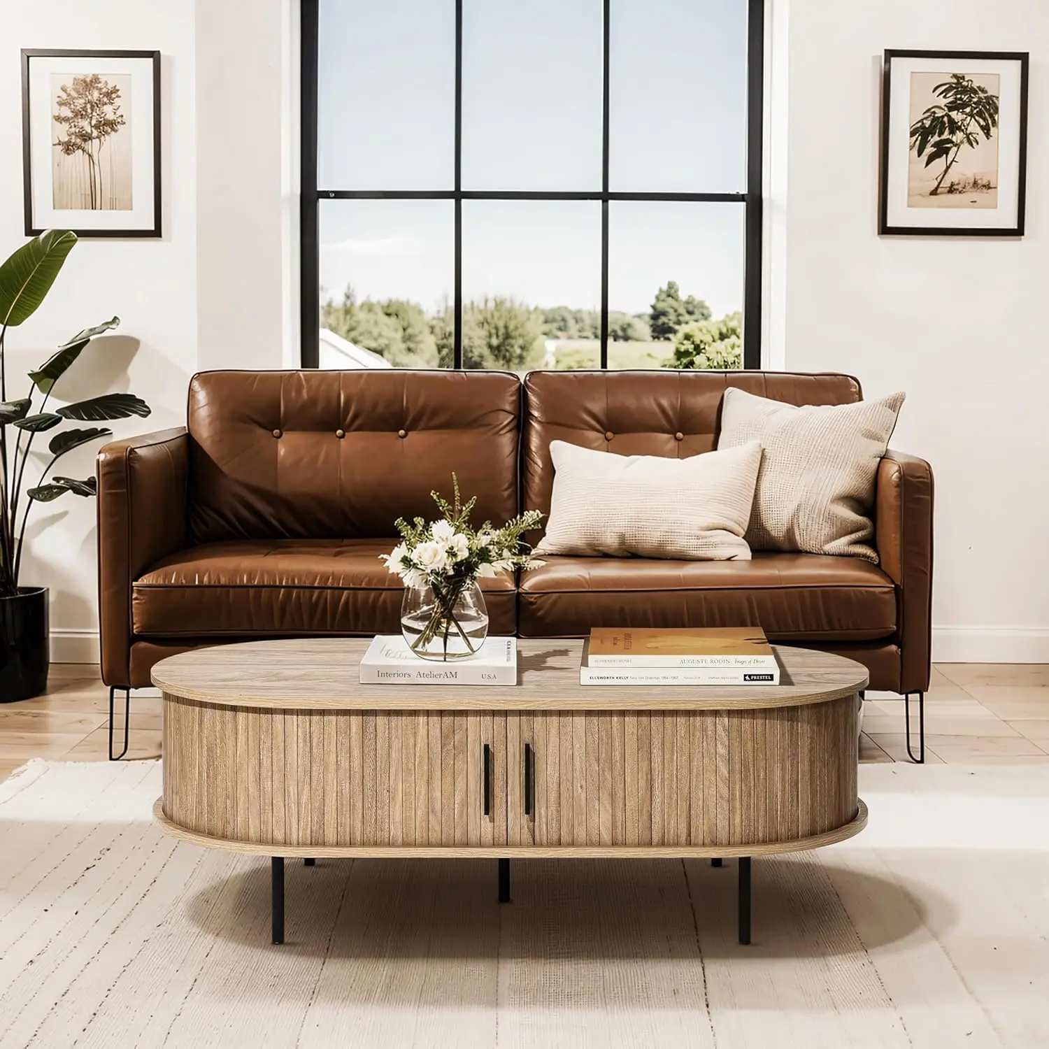 Owalny stolik kawowy z miejscem do przechowywania, 120 cm, w stylu mid-century modern, stoliki kawowe z rowkami do salonu, na zamówienie