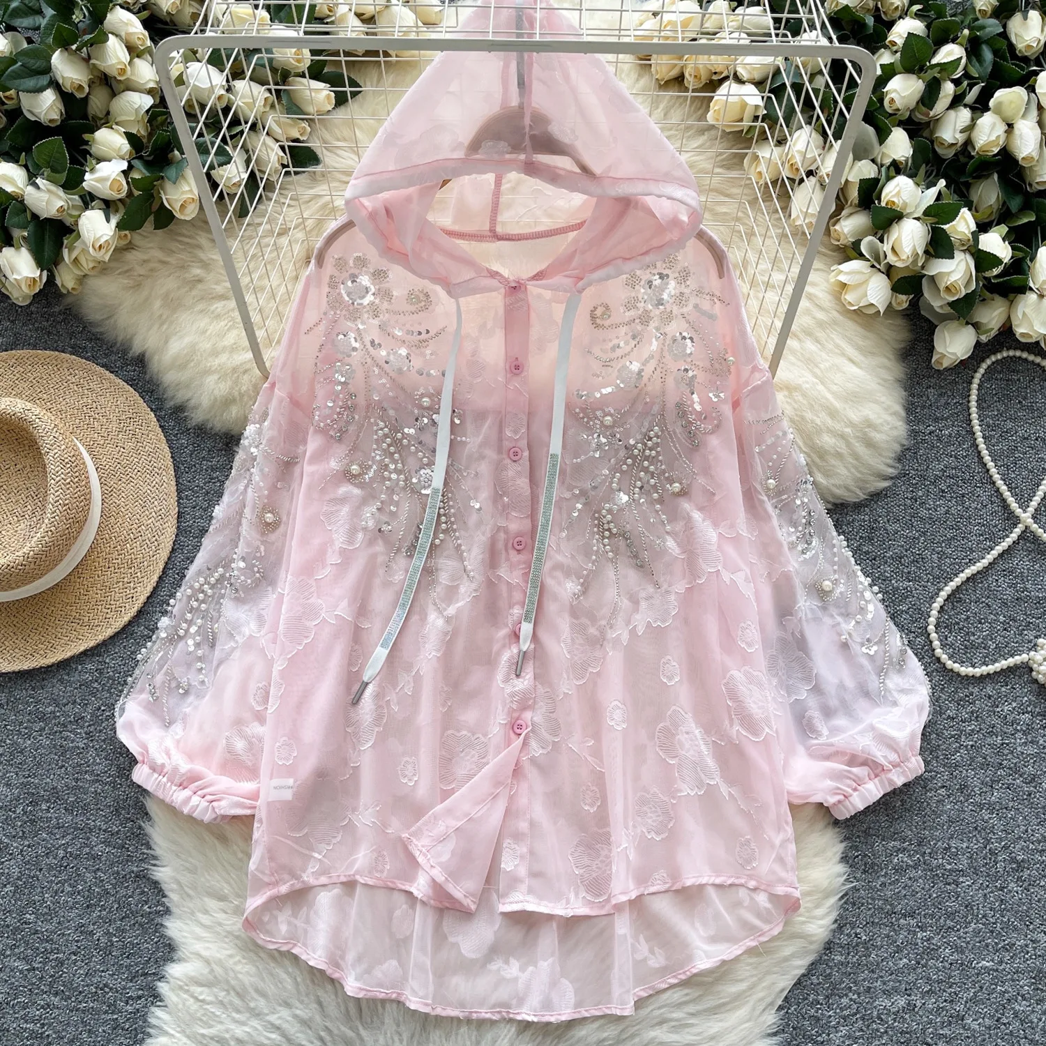 النمط الأمريكي الأوروبي موضة جديدة للمرأة بلون شير واحدة الصدر فانوس طويل قمصان فضفاضة مقنعين الملابس النسائية