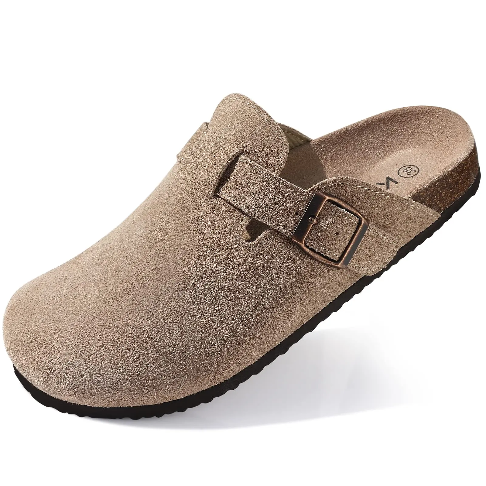 Shevalues Wildleder-Clogs für Damen, klassische Kork-Hausschuhe, flache Hausschuhe für Damen, Slip-on-Outdoor-Clogs, Strandrutschen,