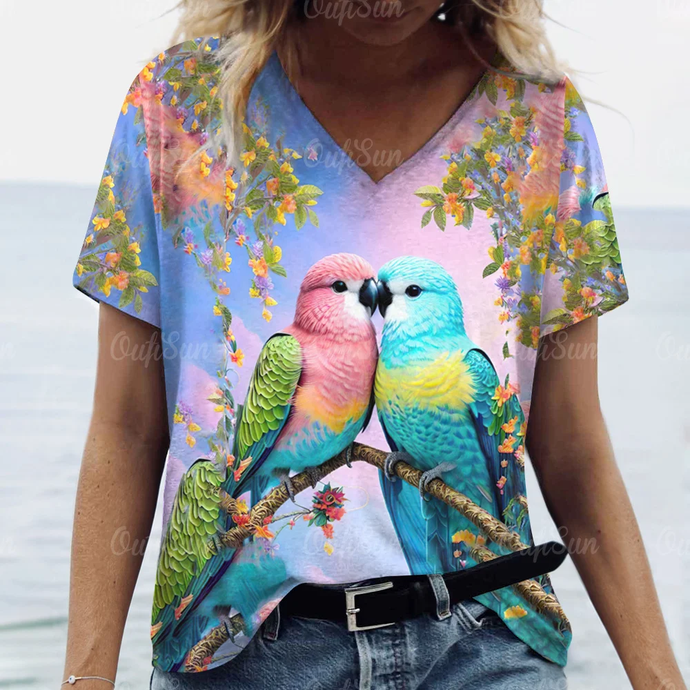 Summer V-Neck Short Sleeve T-Shirts Loose Plus Size Tops Animals Print Everyday Life Clothing Women\'s Casual T Shirts Clothing