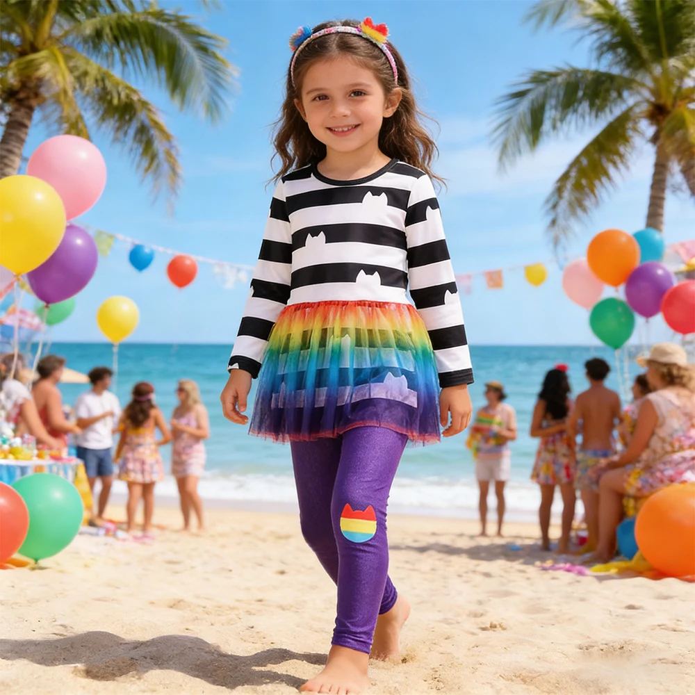 Schwarz-Weiß Gestreiftes Kleid und Hose für Mädchen Regenbogen-Prinzessin Frühling-Sommer-Sets Cartoon Karneval Geburtstagskleid