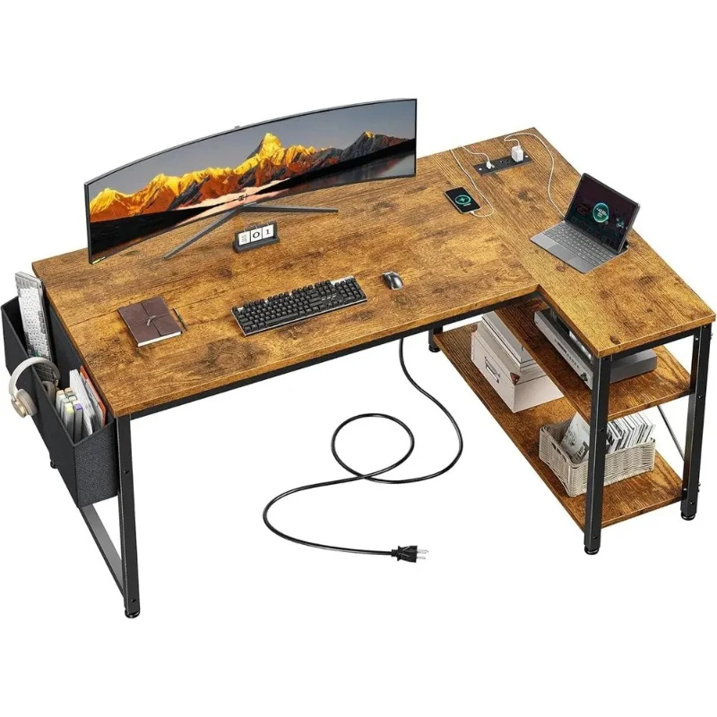 

Brown Corner L-Shaped Computer Desk with Power Outlets and Reversible Storage, Ideal for Small Home Office Spaces