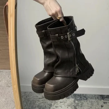 Winter Women Biker Boots Fashion Belt Buckle Ladies Elegant Platform Flats Short Booties…