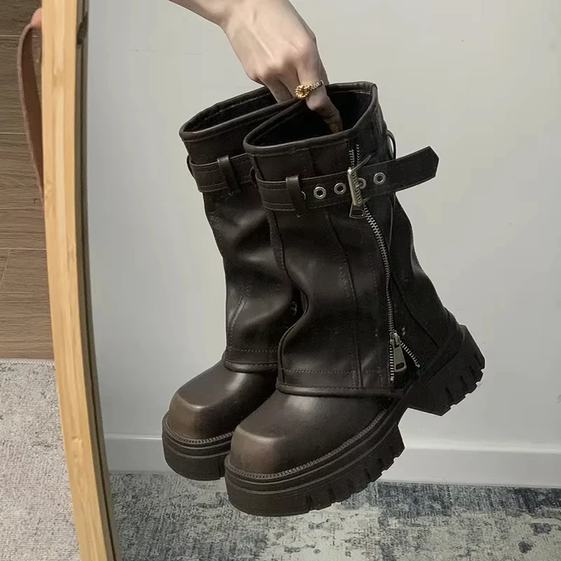 Zimowe damskie buty motocyklowe Modna klamra paska Damskie eleganckie mieszkania na platformie Krótkie botki Casualowe damskie botki rycerskie