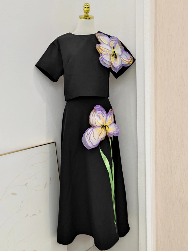 

High Quality Vintage Women's Two Pieces Outfit 3D Flower Decoration Designer Round Neck Top Long Skirt Sets Nightclub Wear