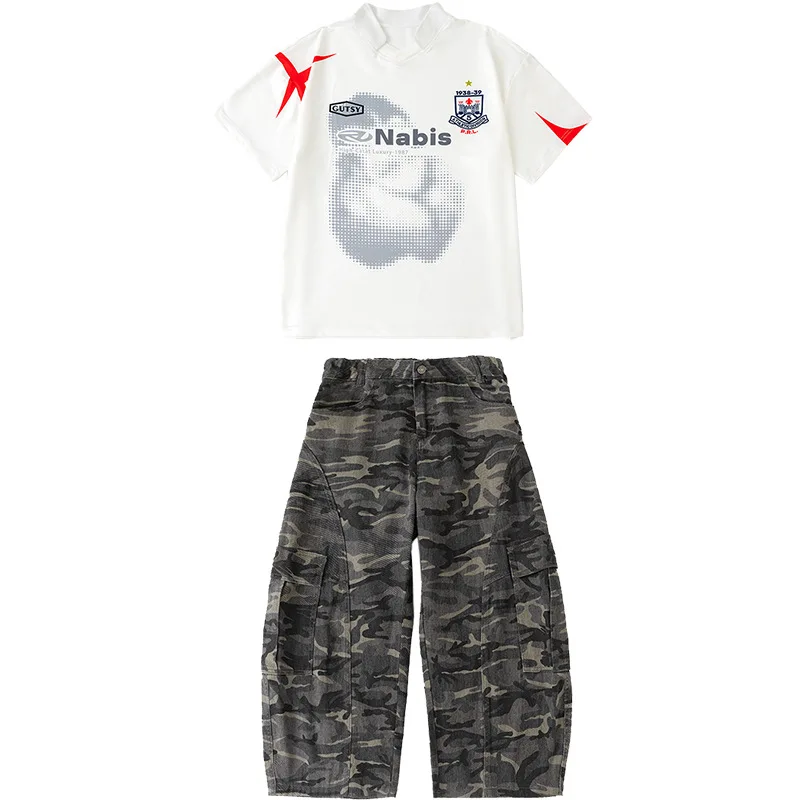 Kind Kpop Hip Hop Kleidung Drucken Weißes T-shirt Top Camo Casual Baggy Cargo Hosen für Mädchen Junge Tanz Kostüm Kleidung