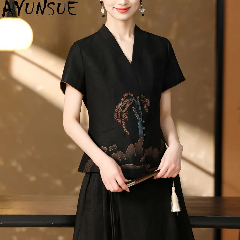 AYUNSUE 100% Mulberry Silk Womens Tops Xiangyunsha New Chinese Style T-shirts for Women Printed Summer Clothing 2026 Ropa Mujer