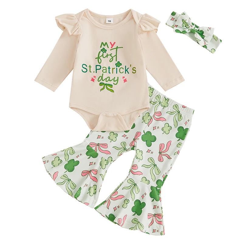 Baby Girl Irish 3Pcs Outfits Cute Letter Print Long Sleeve Romper+Shamrock Pattern Flare Pants+Headband Newborn Clothes Sets