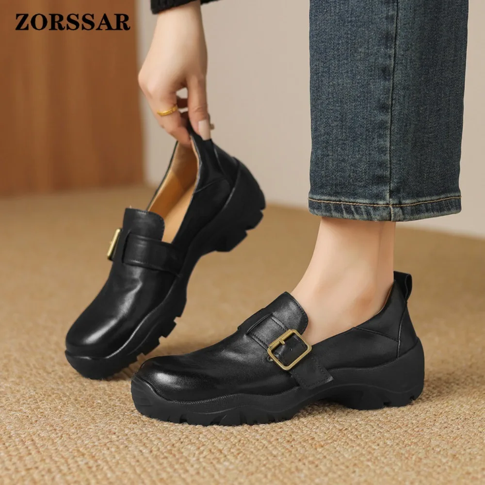 Women's Buckle Platform Loafers Shoes Cow Leather Chunky Sole Trendy Streetwear Aesthetic Casual Fashion Ladies Walking Footwear