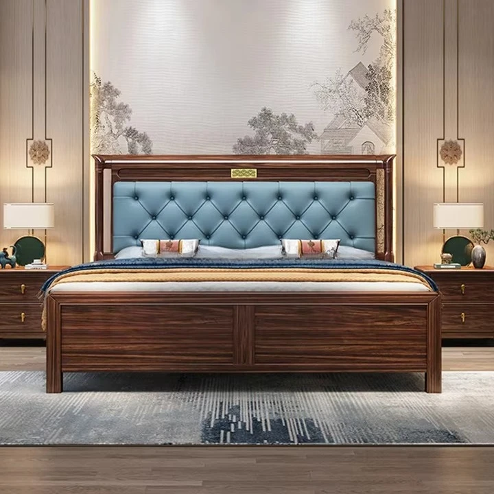 !@Modern Solid Wood Furniture Bedroom Storage Double Bed High Headboard Design king Bed Ebony Frame Wooden Bed for Hotel Bedroom