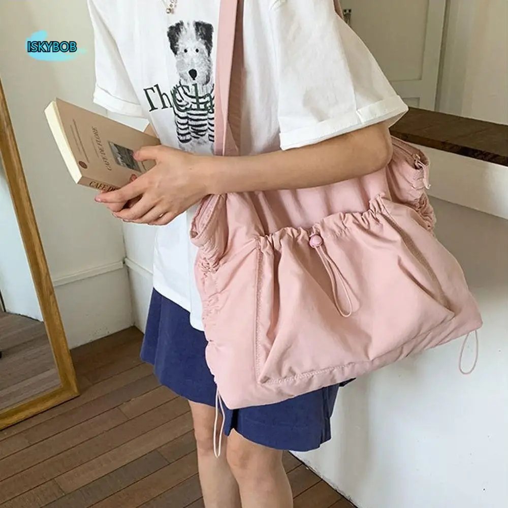 

Fashion Korean Drawstring Tote Bag Casual Large Capacity Wrinkled Shoulder Bag Commuting Solid color Work Handbag Shopping