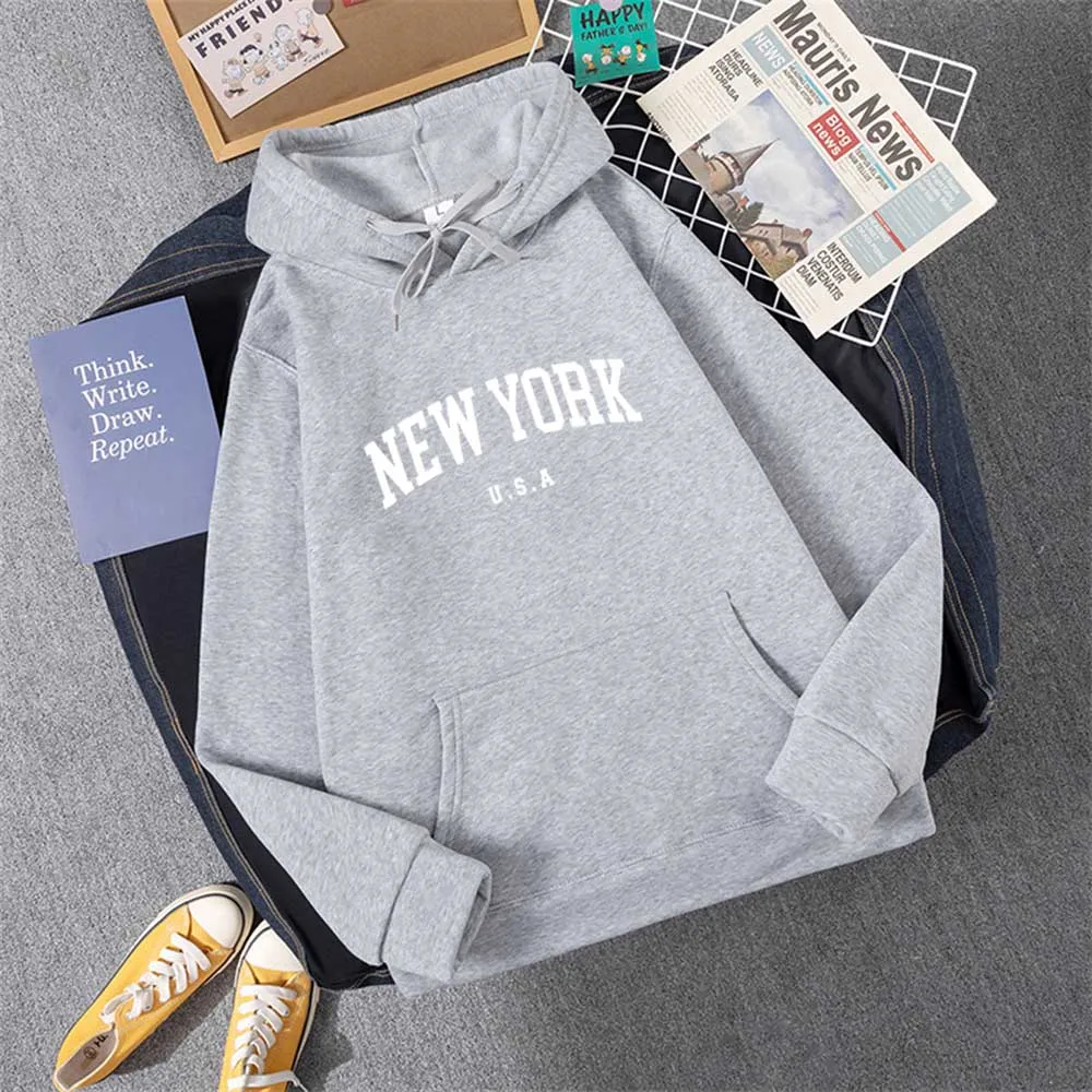 Men Women New York U.S.A City Hoodies Fashion Letter Printed Graphic Sweatshirts Loose Casual Harajuku Hooded Pullover Sportwear