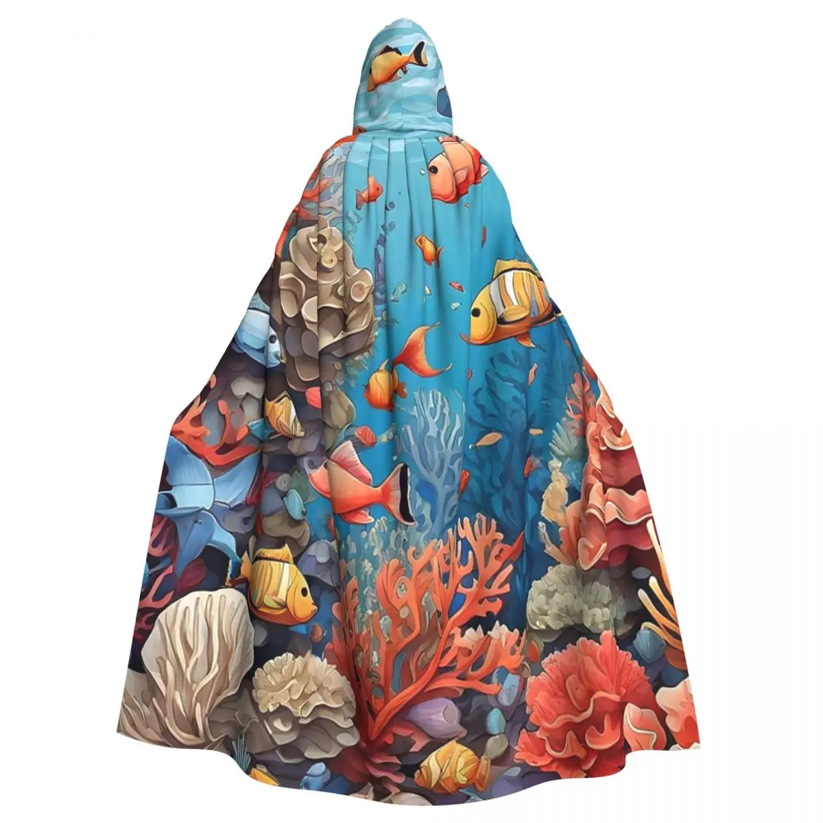 

Coral Reef And Fishes Seamless Pattern Long Hooded Cloak Witch Medieval Costume Cosplay Cape HalloweenParty Adult Unisex