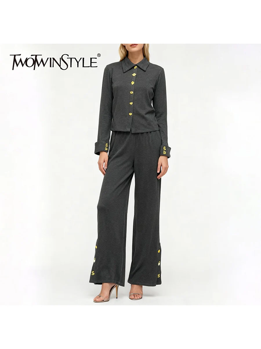 

TWOTWINSTYLE Solid Spliced Metal Buttons Two Piece Sets for Women Lapel Long Sleeves Top High Waist Pant Casual Set Female New
