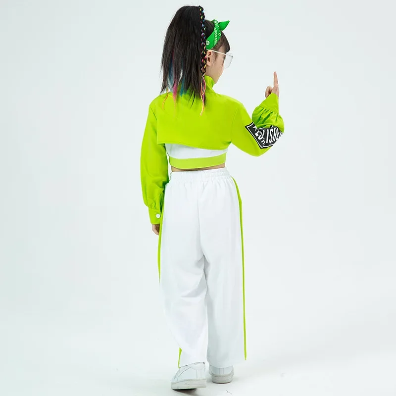 Disfraz de Jazz para niñas, ropa de Hip Hop, Tops de manga larga, pantalones casuales de Hip Hop para niños, Ropa de baile moderna de rendimiento, verde y azul