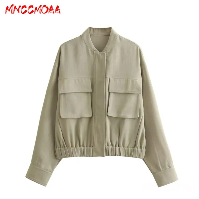 MNCCMOAA-Women's Single Breasted Stand Collar Short Jacket, Female Coat, Casual Long Sleeve Top, Outerwear, Fashion, 2024