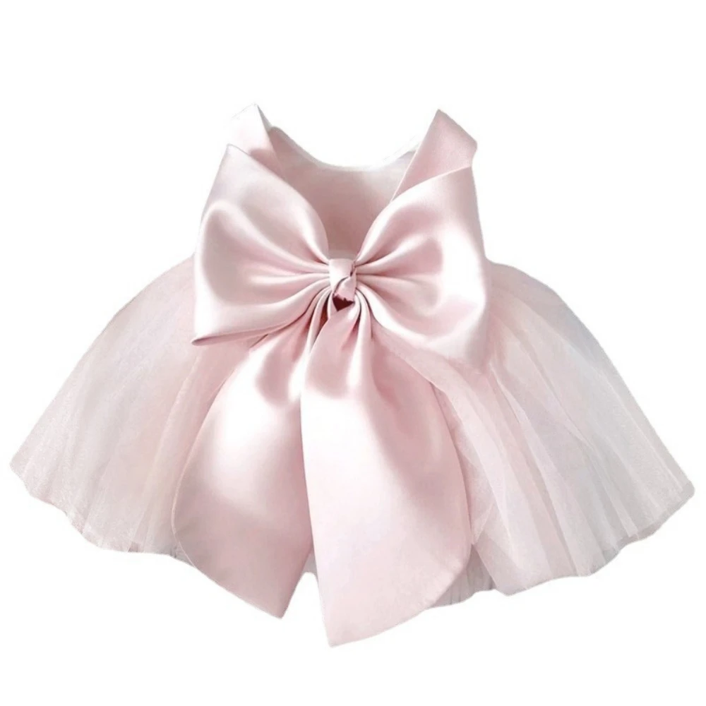 Charming Pink Bow Ball Gown Kids Wedding Party Clothes Puffy Tulle Pearls Flower Girls Dresses For Wedding Customized