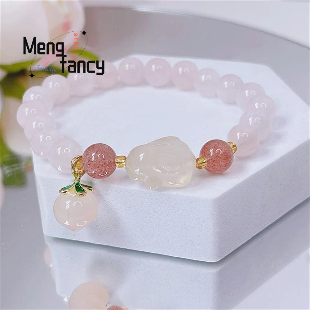 

New Natural Pink Crystal Bracelet Female Cute Chalcedony Rabbit Agate Peach Strawberry Crystal Beaded Hand Jewelry Holiday Gifts