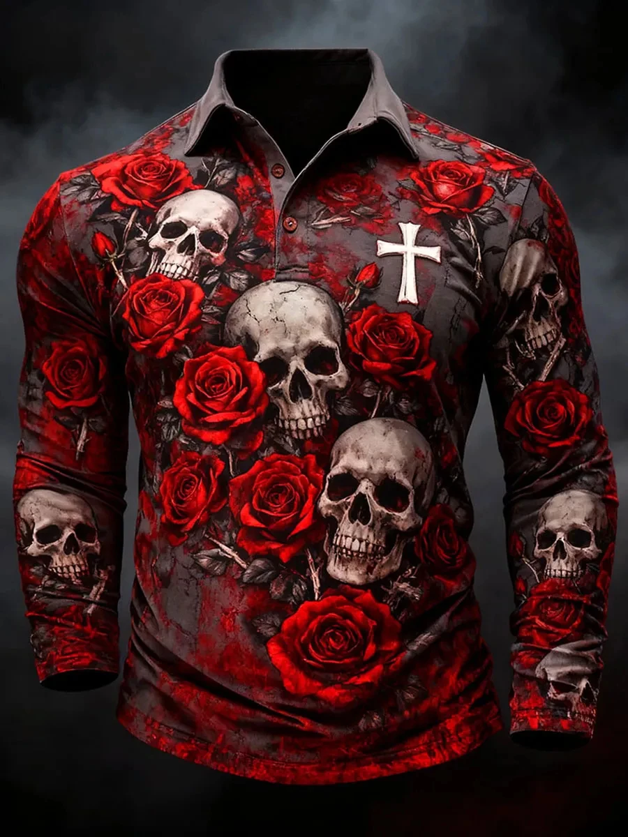 New Men's Autumn Halloween Long-Sleeve Polo Shirt 3D Rose Skull Print Button-Down Collar Loose Fit Festive Street-Style Top