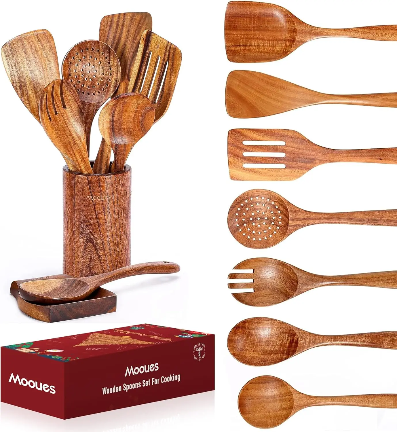 Juego completo de utensilios de cocina en teca, 5 piezas con guía de tamaños, resiste deformaciones y manchas, imprescindible para la cocina moderna