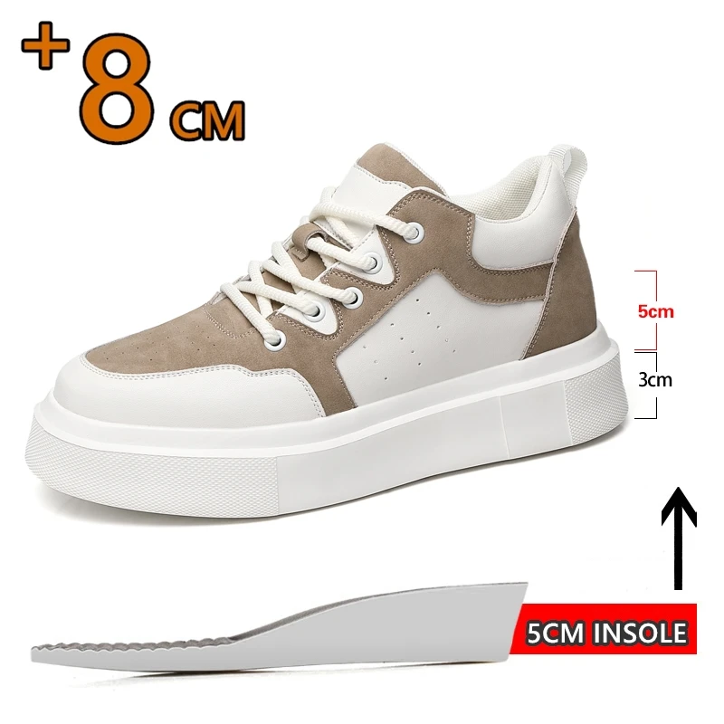 Sepatu Lift kulit sapi pria, sneaker kasual penambah tinggi 3/6/8cm, hak tersembunyi, sepatu kasual sol tebal lebih tinggi