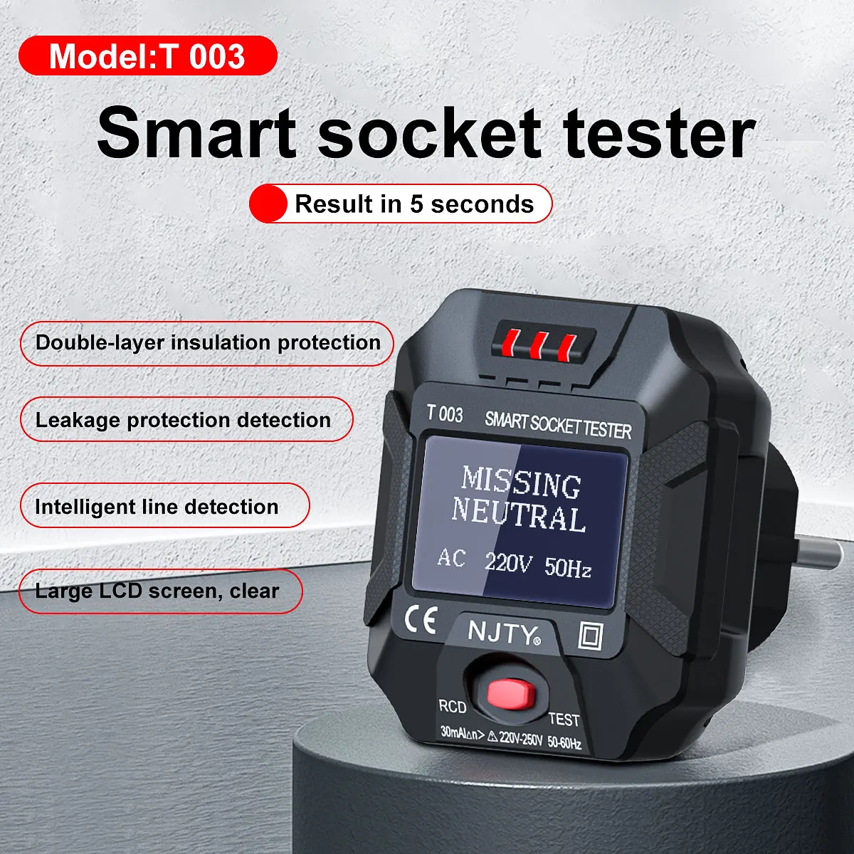 NJTY Socket Tester Live Wire Detect Outlet Detector EU UK US Plug Ground Zero Line Polarity Phase Check Digital AC Voltage Test