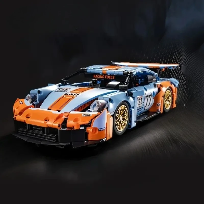 Ensemble de blocs de construction de voiture de course bleue, modèle de voiture de course à l'échelle, jouet DIY, cadeau d'Halloween, cadeau de Noël